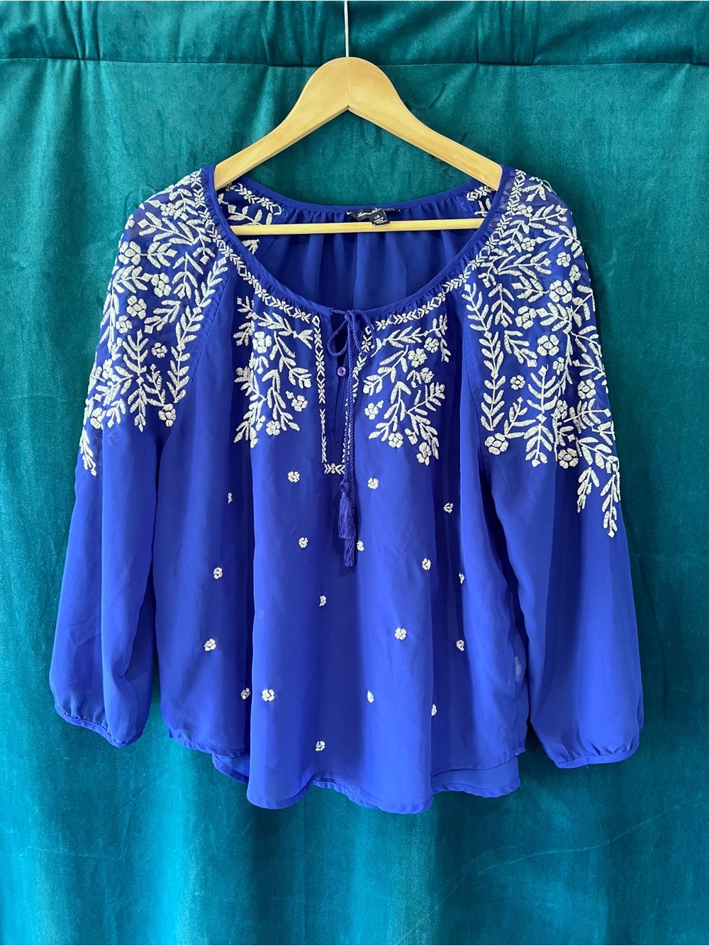 American Eagle Outfitters Royal Blue Embroidered Sheer Peasant Top